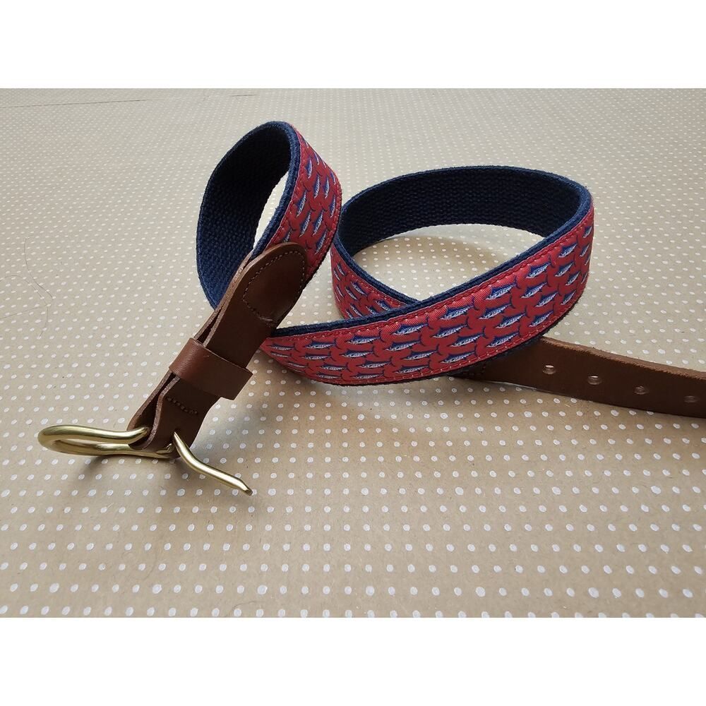 Leather Man LTD Essex CT USA Canvas Leather Fish Belt Mens Sz 32 Red Swordfish